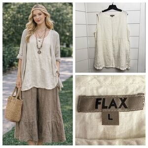 Flax 100% linen ivory lagenlook sleeveless tunic tank top blouse 23810
